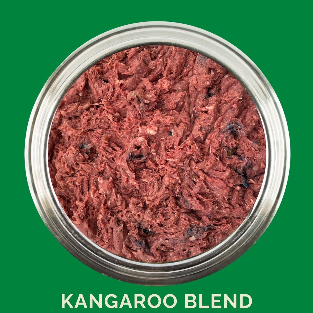 Dog bowl with kangaroo blend raw dog food from Carnevore Mountain on a green background