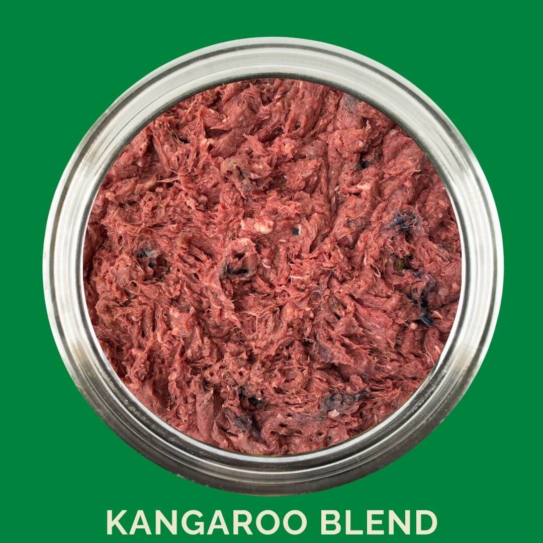Kangaroo Raw Dog Food – Novel Protein Blend in a bowl featuring a raw kangaroo meat blend for dogs.