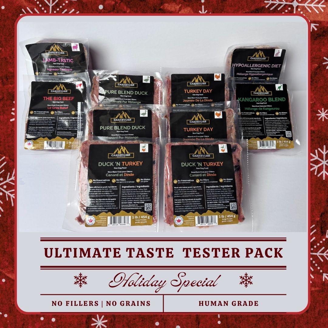 Photo of Carnevore Mountain ultimate taste tester pack which includes a photo of pure duck blend, turkey day, the big beef, hypoallergenic diet, lamb-tastic, and kangaroo blend on a white background.