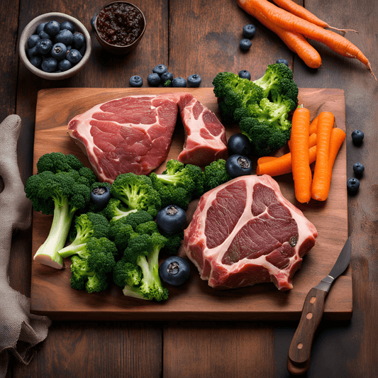 Beef chuck, beef offal, broccoli, carrot and blueberry on a wood cutting board.