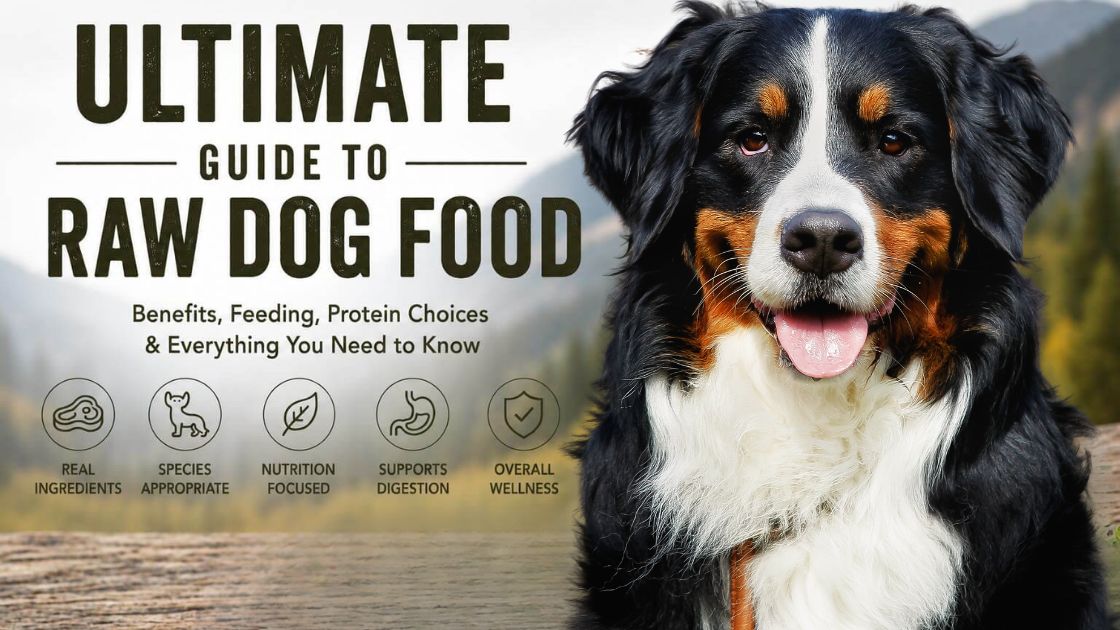 Ultimate Guide to Raw Dog Food infographic featuring a dog beside a bowl of raw meat, organs, sea vegetables, broccoli, and carrots, illustrating the benefits of species-appropriate raw feeding for dogs.