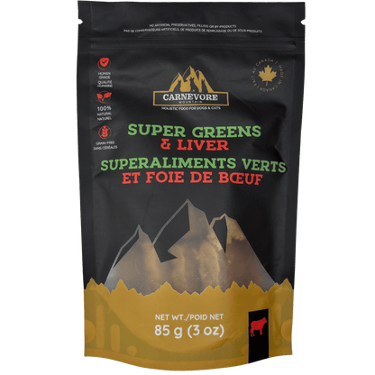 Beef liver and super greens dog treats in a 85g bag showcasing ingredients and nutritional benefits.
