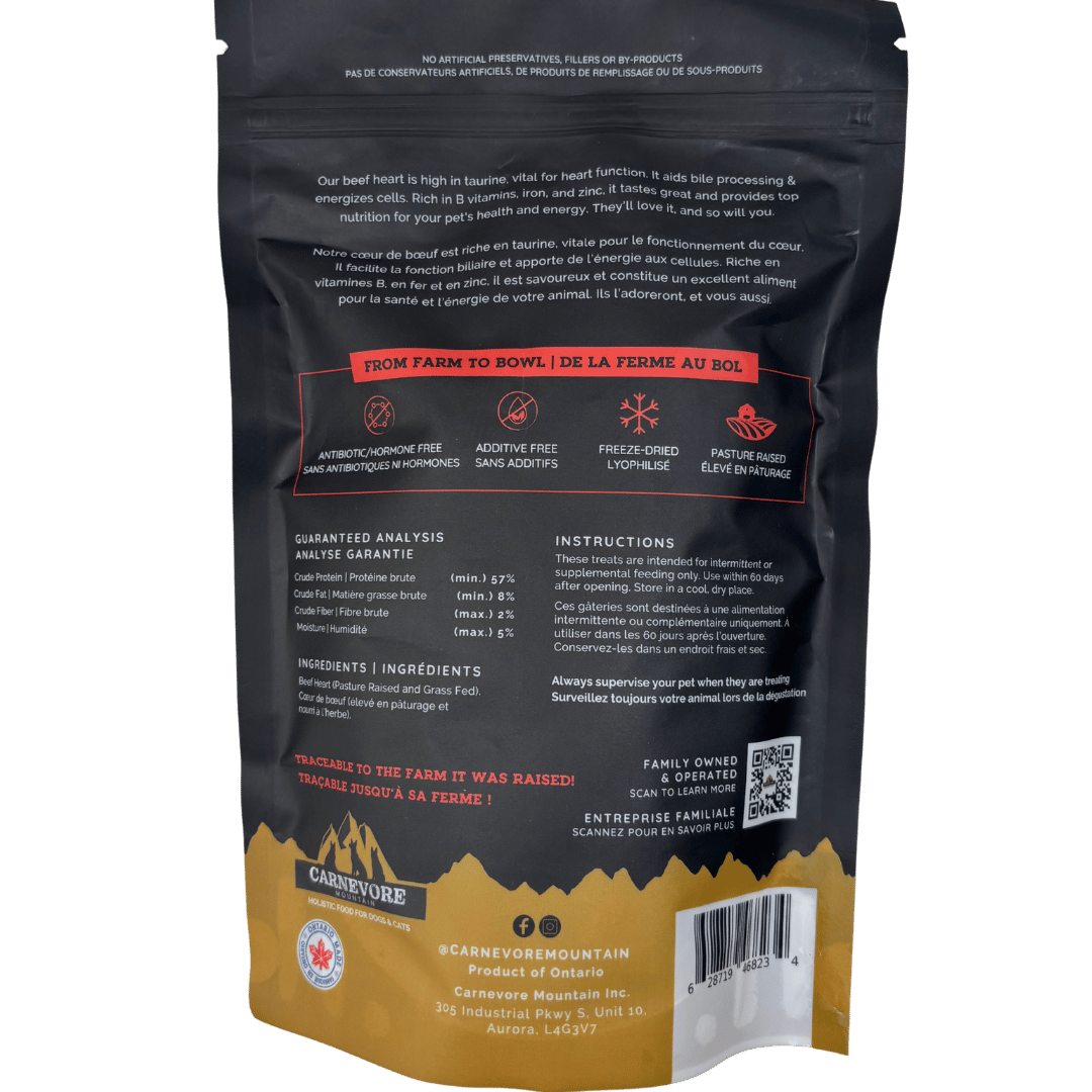 Back view of a Carnevore Mountain beef heart package with text and branding.