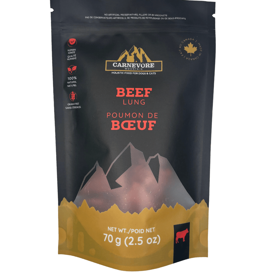 Carnevore Mountain beef lung pet treat package with mountain design on a black background