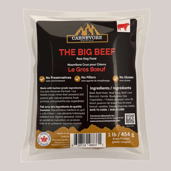 Carnevore Mountain raw dog food package labeled 'The Big Beef' on a gray background