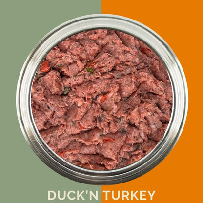 Dog food bowl with duck and turkey raw dog food from Carnevore Mountain with green and orange background