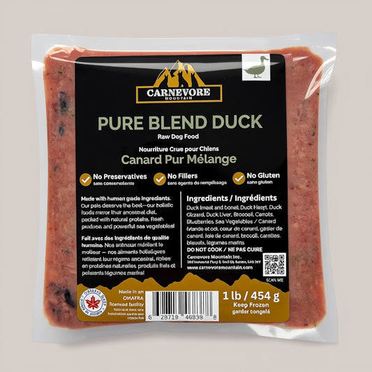 Duck Raw Dog Food - Pure Blend Duck packaging from Carnevore Mountain, nutrient-dense raw nutrition for dogs.