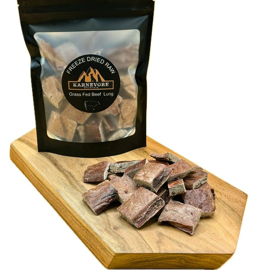 Picture of freeze dried grass fed beef lung with packaging from Carnevore Mountain.