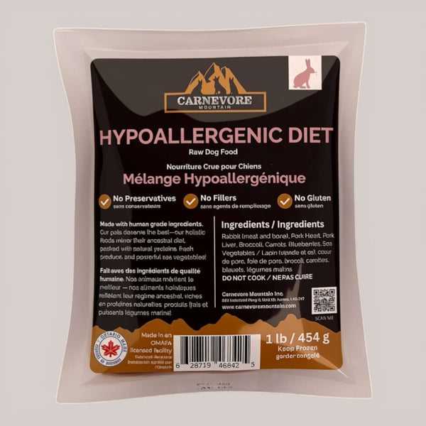 Carneveore Mountain hypoallergenic diet raw dog food package on a light gray background