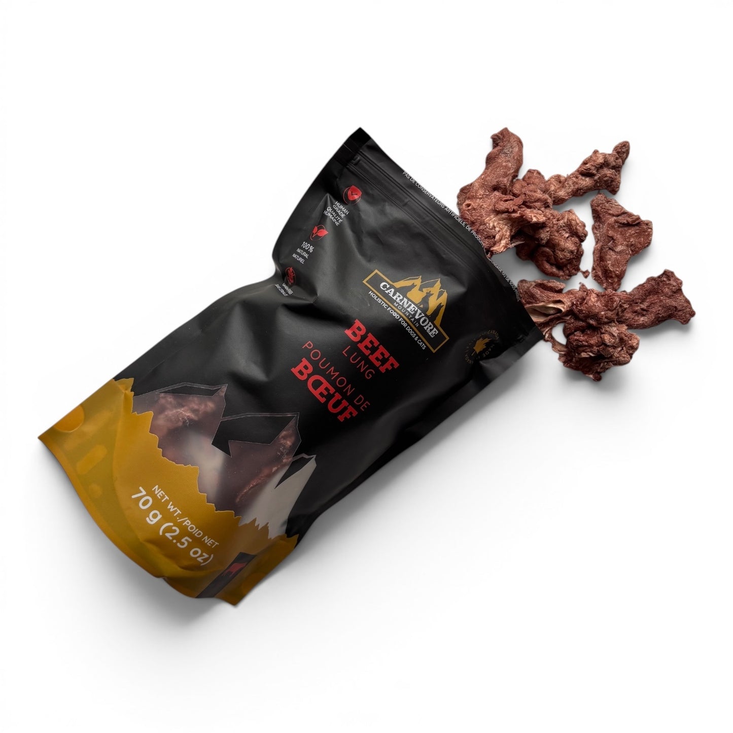  package of freeze dried beef lung dog treats with some pieces on a white background
