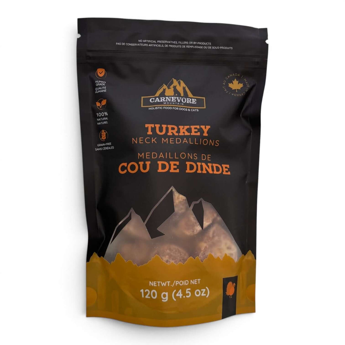 Carnevere freeze dried turkey neck medallions  dog treats package on a white background
