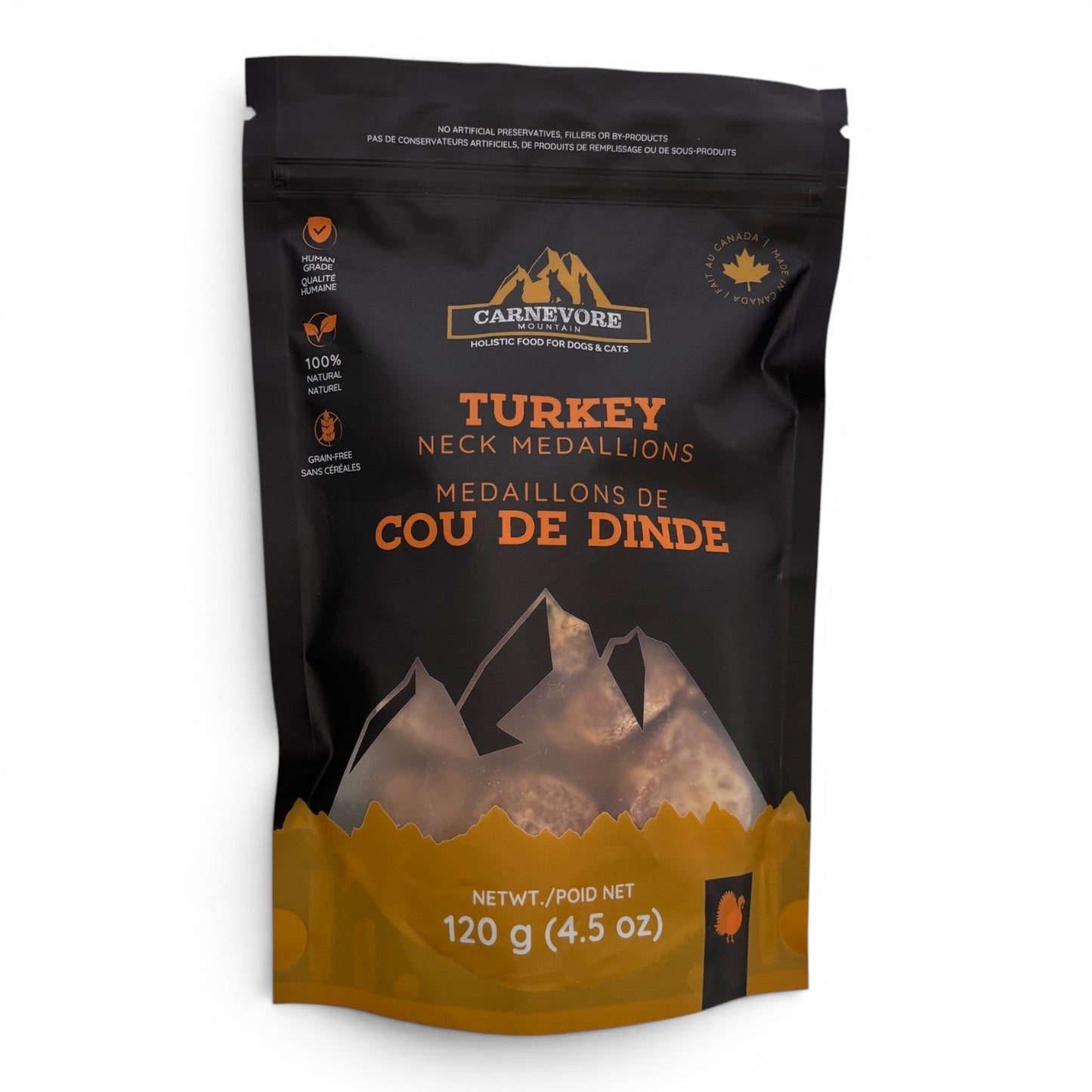 Carnevere freeze dried turkey neck medallions  dog treats package on a white background
