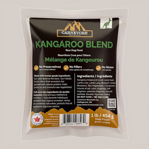 Carnevore Kangaroo Blend raw dog food package on a gray background