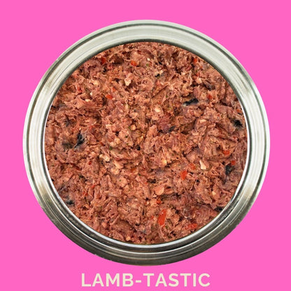 Dog bowl with lamb raw dog food on a pink background with 'LAMB-TASTIC' text.