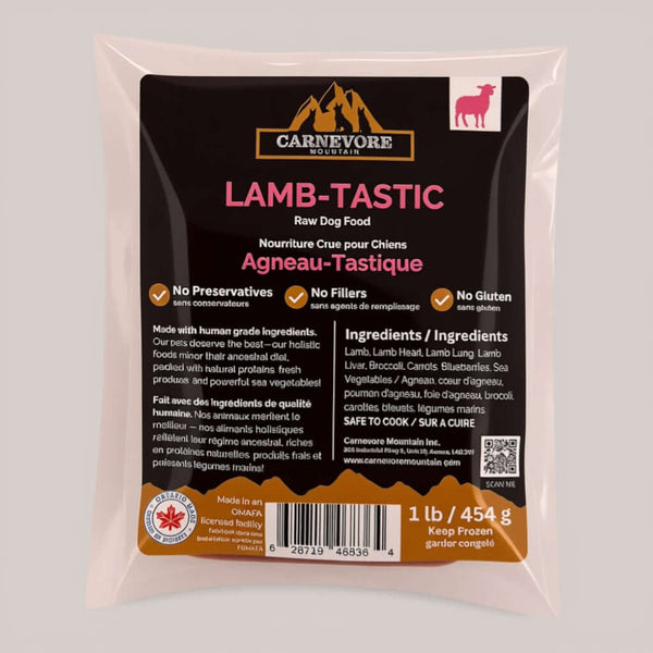 Carnevore Mountain Lamb-Tastic raw dog food package on a gray background