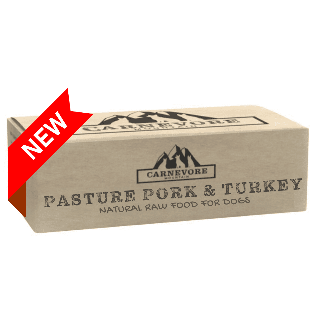 Picture of Carnevore Mountain Pasture Pork and Turkey raw dog food box.  