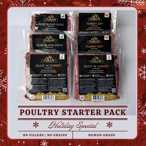 Poultry starter pack with labels on a red background