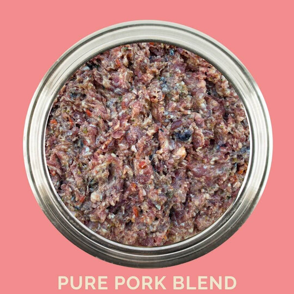 Raw pork dog food – Pure Pork Blend in a metal container, showcasing a nutritious, single-protein meal for dogs.