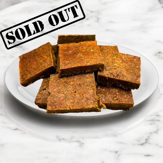 Photo of our Super Greens and Beef Liver dog treats with Sold Out written over the top left corner. 