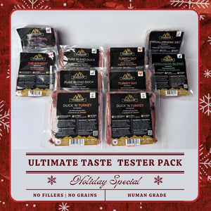Photo of Carnevore Mountain ultimate taste tester pack which includes a photo of pure duck blend, turkey day, the big beef, hypoallergenic diet, lamb-tastic, and kangaroo blend on a white background. 