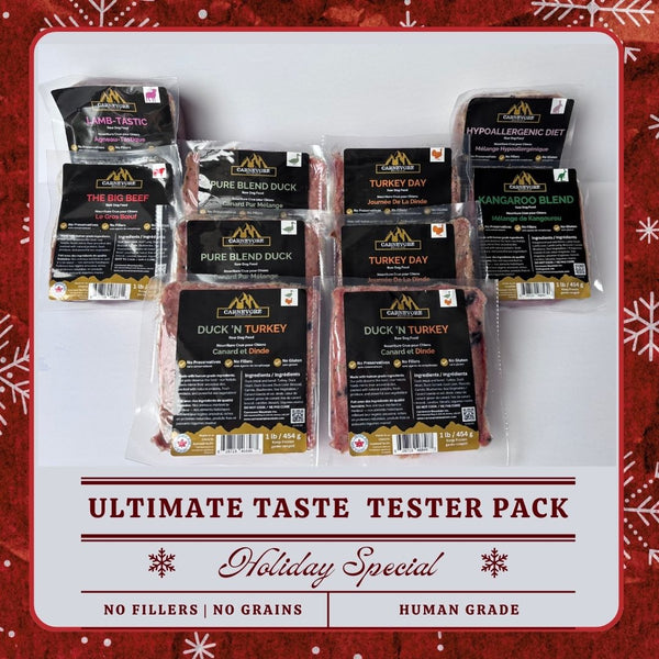 Photo of Carnevore Mountain ultimate taste tester pack which includes a photo of pure duck blend, turkey day, the big beef, hypoallergenic diet, lamb-tastic, and kangaroo blend on a white background. 