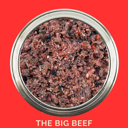 Dog food bowl with beef labeled 'THE BIG BEEF' on a red background