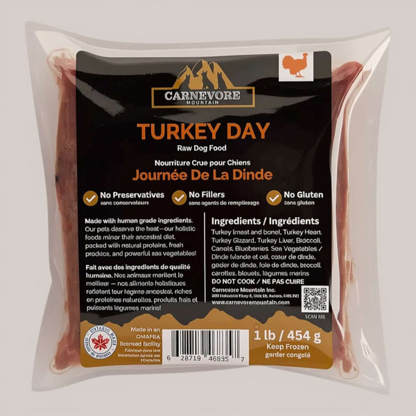 Package of Carnevoche raw dog food with turkey flavour on a white background