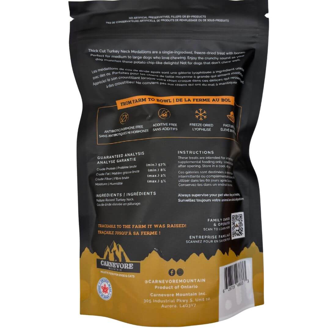 Turkey Neck Dog Treats – Freeze-Dried Medallions packaging with nutritional information and preparation details