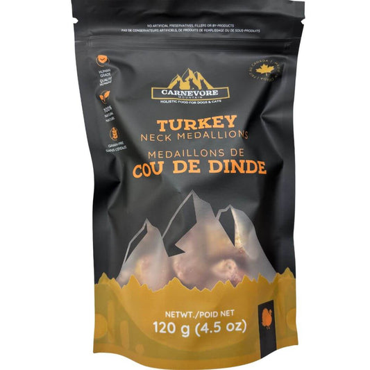 Turkey Neck Dog Treats – Freeze-Dried Medallions in packaging from Carnevore Mountain, 120g, 4.5 oz.