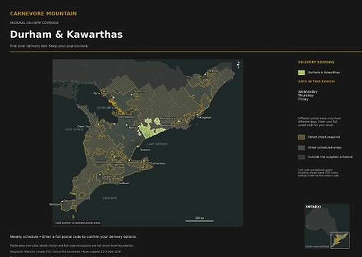 Map of Carnevore Mountain delivery in Durham and the Kawarthas