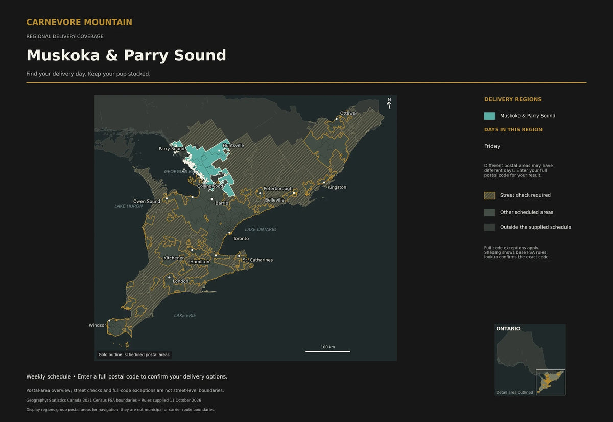 Map of Carnevore Mountain delivery in Muskoka and Parry Sound