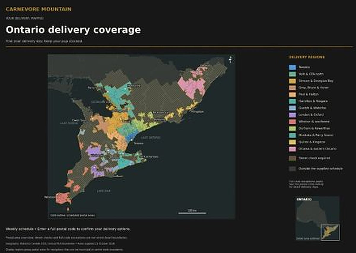 Map of Carnevore Mountain delivery coverage across Ontario, by region