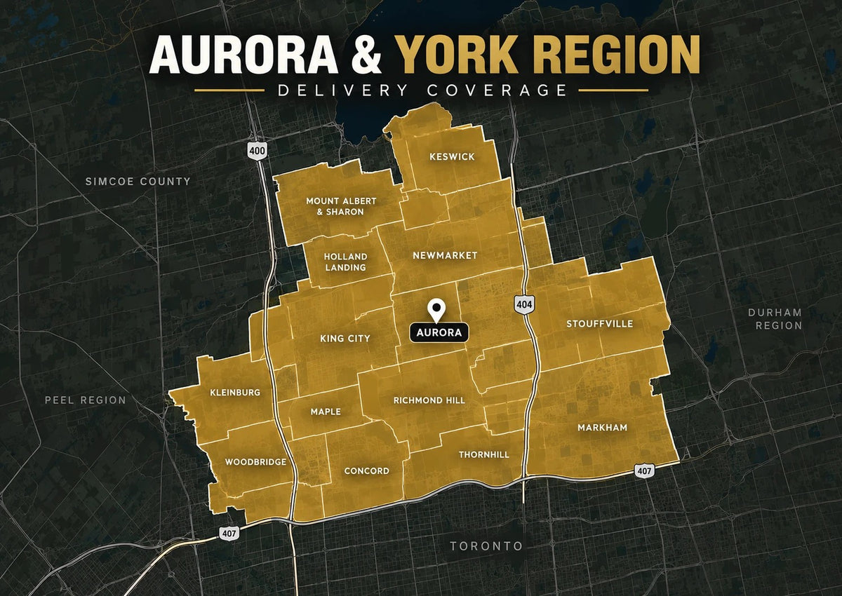 Map of Carnevore Mountain raw dog food delivery coverage in Aurora and York Region, from Keswick south to Woodbridge, Concord, Thornhill and Markham