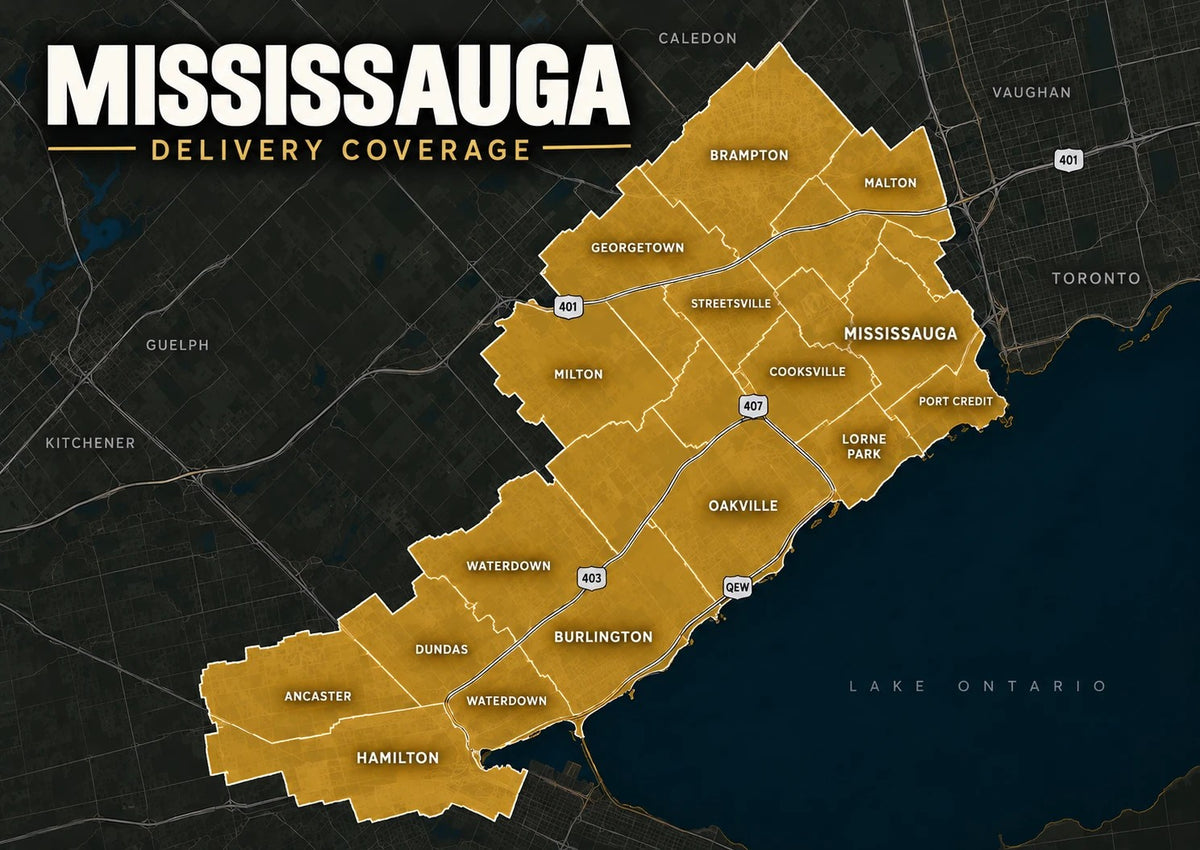 Map of Carnevore Mountain raw dog food delivery coverage in Mississauga, Brampton, Oakville, Burlington, Milton, Georgetown and Hamilton