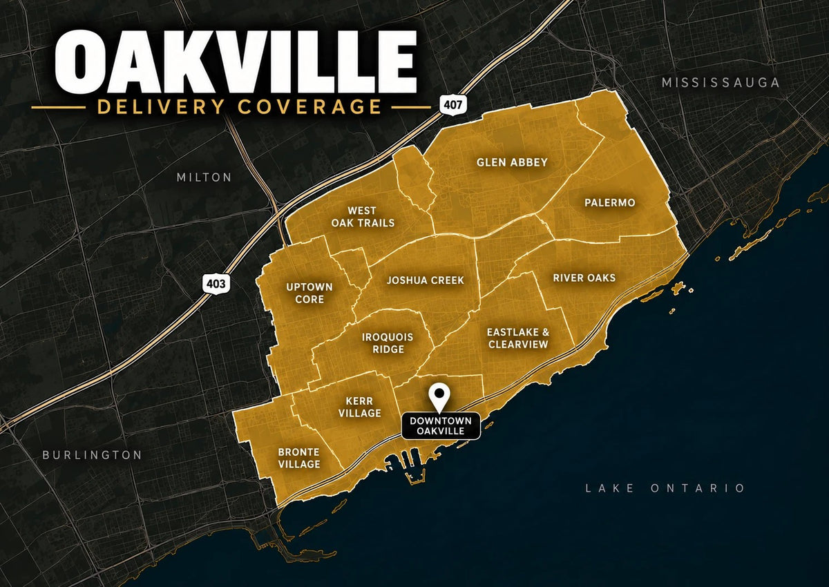 Map of Carnevore Mountain raw dog food delivery coverage across Oakville neighbourhoods, from Bronte Village to Joshua Creek