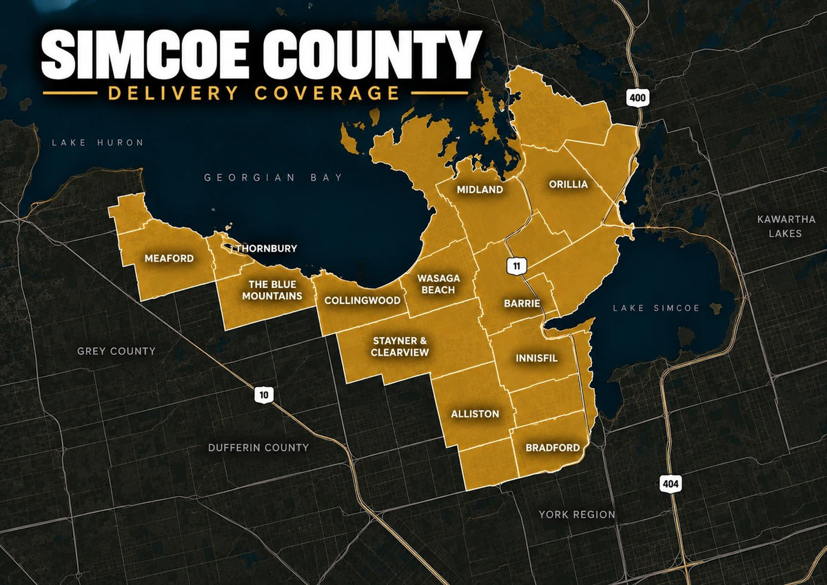 Map of Carnevore Mountain raw dog food delivery coverage in Simcoe County, from Meaford and Collingwood to Barrie, Orillia and Bradford